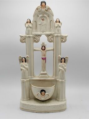 Large Victorian Staffordshire Holy Water Stoup, Jesus on Cross, Holy Water Font